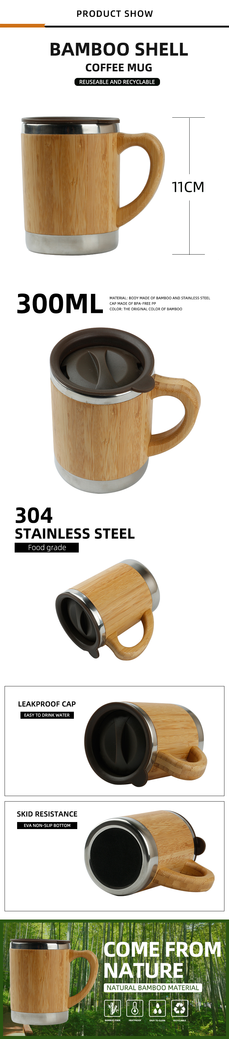 300ml Natural Bamboo 18/8 Stainless Steel water bottle bamboo tumbler