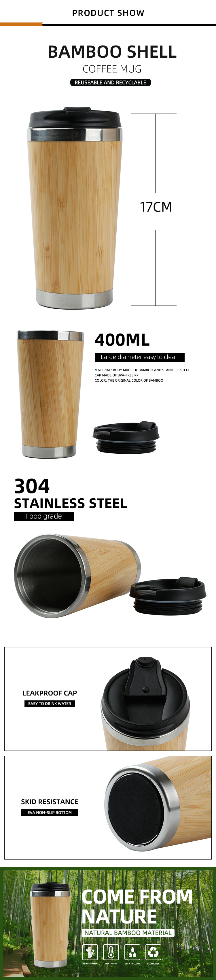 COOL manufacture reusable bamboo coffee tumbler with PP cover plastic